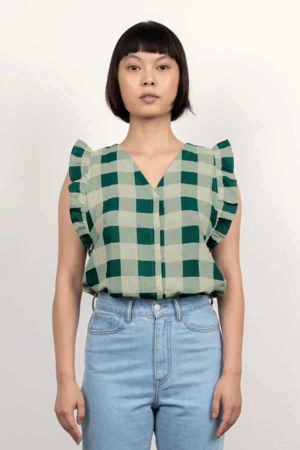 Bluse Adults Big Check Frills Pistacchio Teal von The Tiny Big Sister